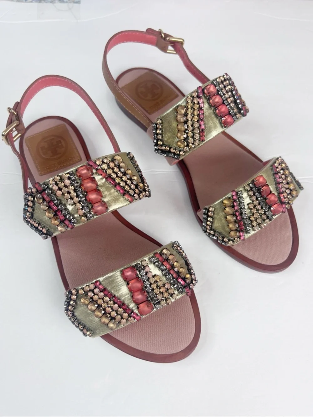 NIB Tory Burch Tanner Jeweled Embellished Metallic Strap Sandals in Pink/Tan